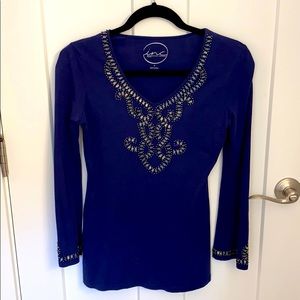 INC Blue Long Sleeve Beaded Top